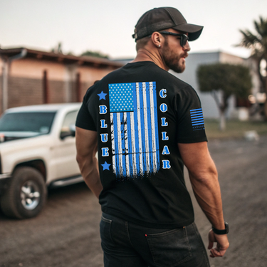 Veteran-family owned Blue Collar Warrior shirt for hardworking patriots